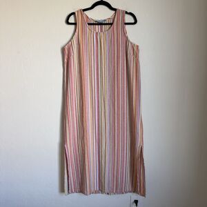 Linen Blend Large Artsy Striped Side Slit Sleeveless Midi Dress Mature Modest